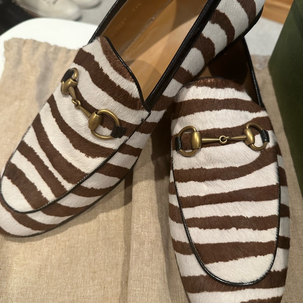 Men’s brown and off white striped loafers with gold bit size 11 1/2